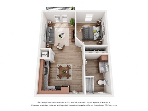 Floor plan for 1 bed, 1 bath, 590 sqft